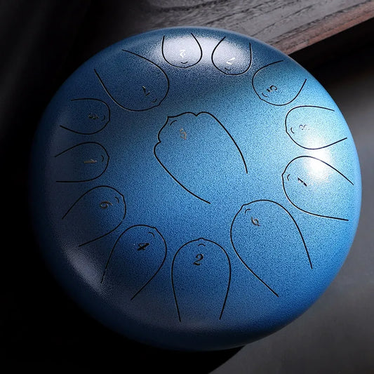 A unique ocean blue wave patterned MoralGain 12-inch 13-note steel tongue drum. A vibrant and calming handpan for all ages.