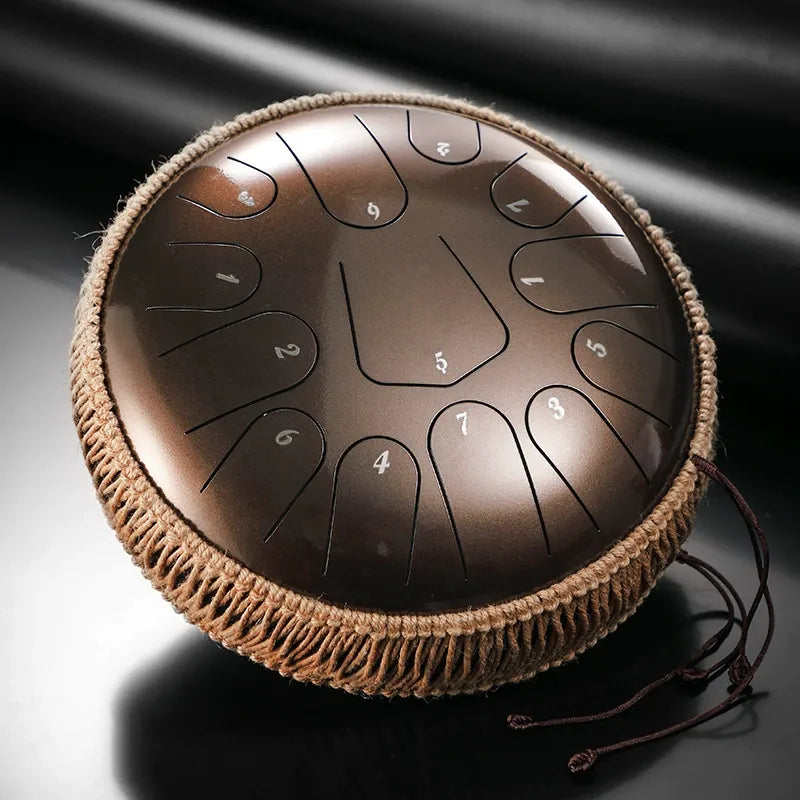 A rich Misty Chestnut MoralGain 13-inch 15-note titanium steel tongue drum. A beautifully crafted handpan for serene music.