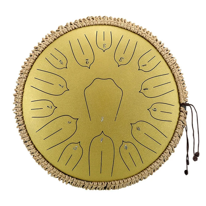 A sleek Champagne Gold MoralGain 14-inch 15-note D-Key steel tongue drum. A top-tier handpan for beginners.