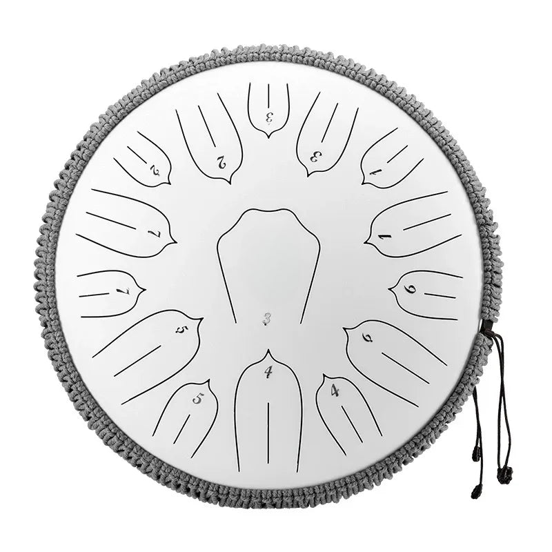 A serene, cloud-white MoralGain 14-inch 15-note steel tongue drum, perfect for sound therapy and deep meditation.