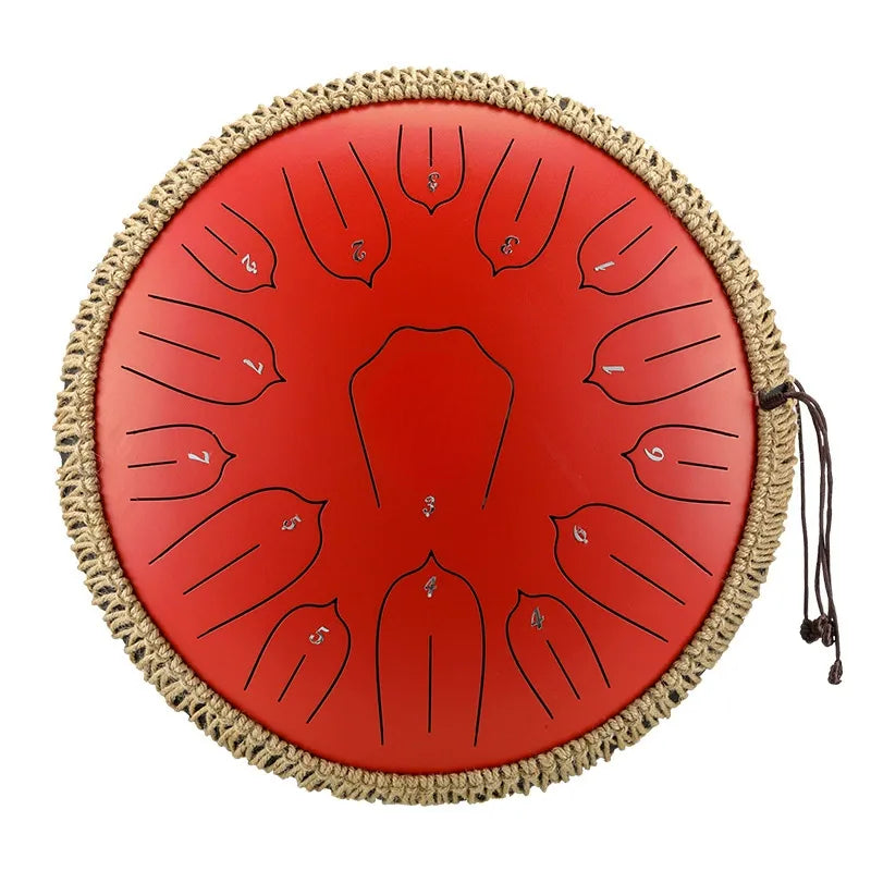 A bold, crimson red MoralGain 14-inch 15-note steel tongue drum, a vibrant and impressive percussion instrument.