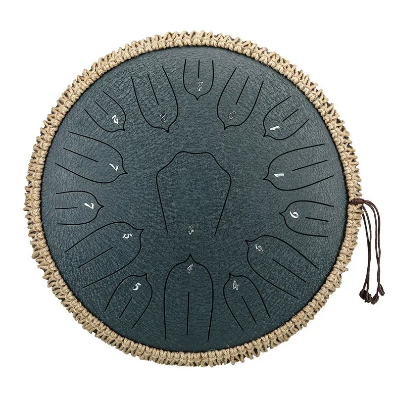A vibrant, deep ocean blue MoralGain 14-inch 15-note steel tongue drum, a portable healing instrument.