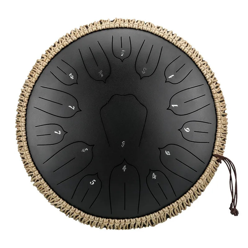 A sleek, matte black MoralGain 14-inch 15-note steel tongue drum, ideal for creating calming and meditative tones.