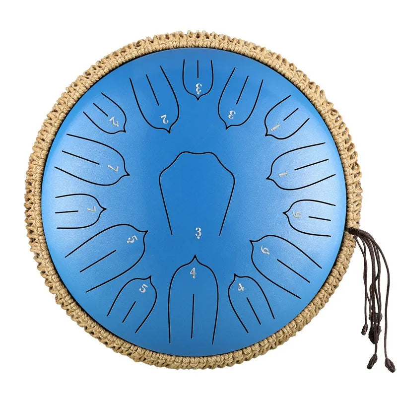 A unique ocean blue wave patterned MoralGain 14-inch 15-note steel tongue drum. A calming handpan for all ages.
