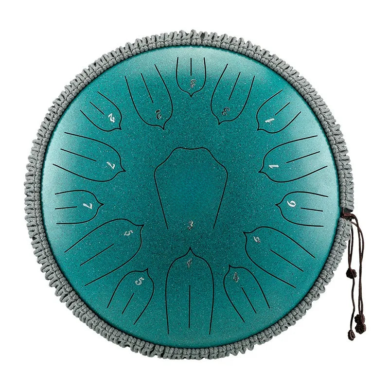 A striking, peacock teal MoralGain 14-inch 15-note steel tongue drum, a vibrant and inspiring percussion instrument.