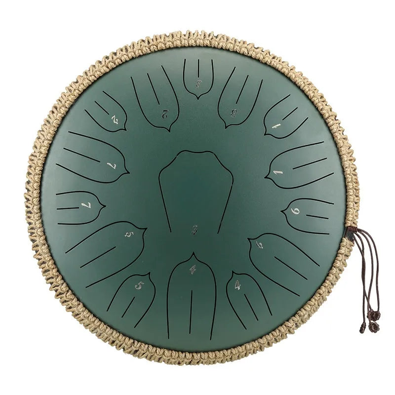 A calming, sage green MoralGain 14-inch 15-note steel tongue drum, a therapeutic handpan for sound baths.