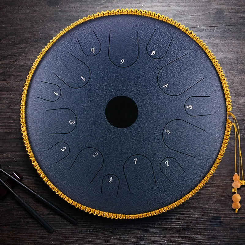 The Abyssal Ocean MoralGain Legacy 14-inch 14-note handpan, a stunning deep blue instrument for a truly immersive experience.
