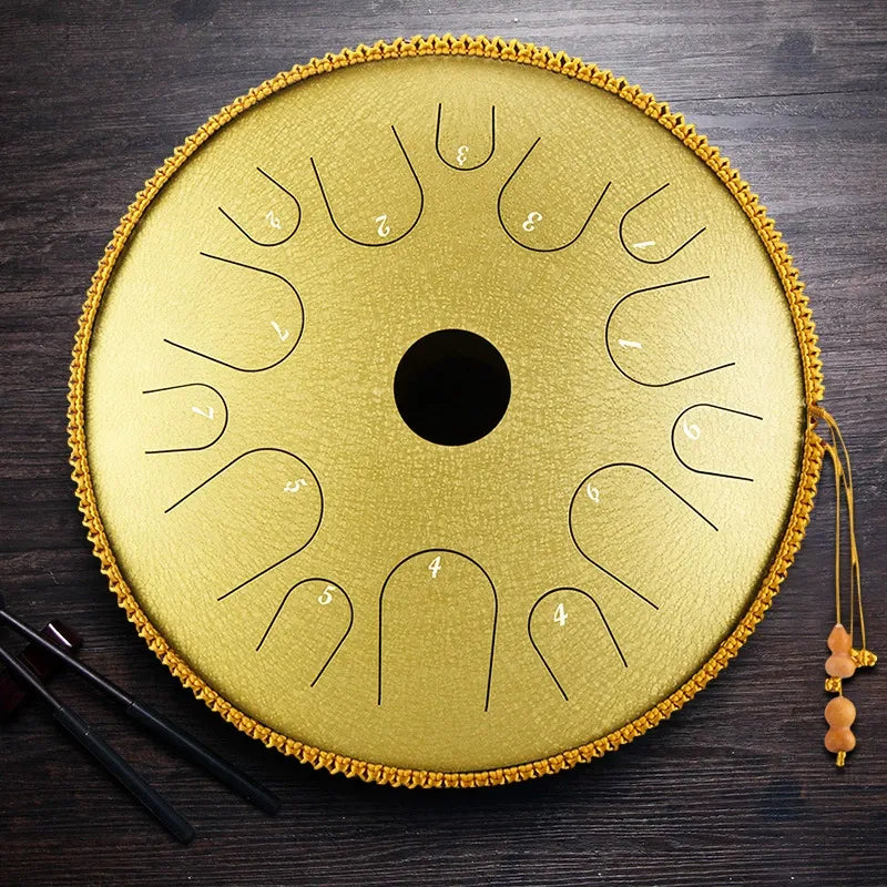 The Gilded Age MoralGain Legacy 14-inch 14-note handpan, a luxurious instrument with a vintage gold finish.