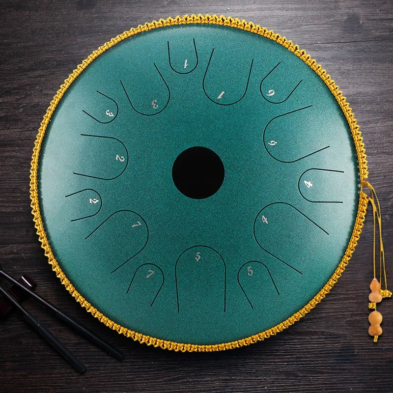 The Jadeite Whisper MoralGain Legacy 14-inch 14-note handpan, its exquisite green hue reflecting its pure, layered sound.