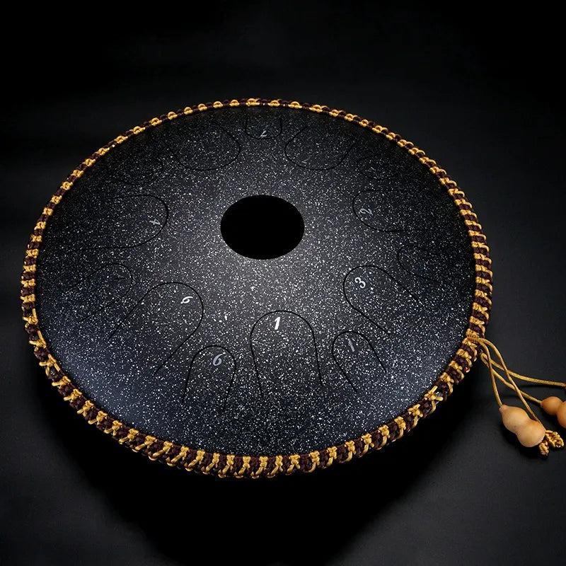The Midnight Galaxy MoralGain Legacy 14-inch 14-note handpan, a luxurious instrument with a mesmerizing, star-like finish.
