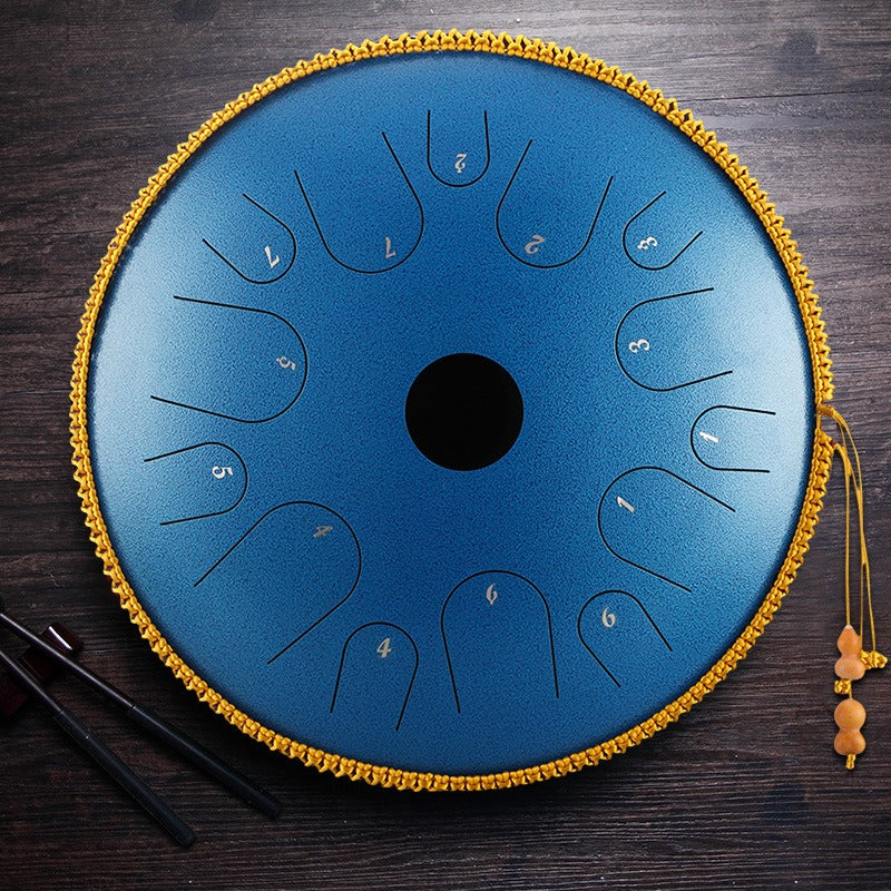 The Neptune's Tide MoralGain Legacy 14-inch 14-note handpan, with a dynamic wave pattern and a rich, echoing sound.