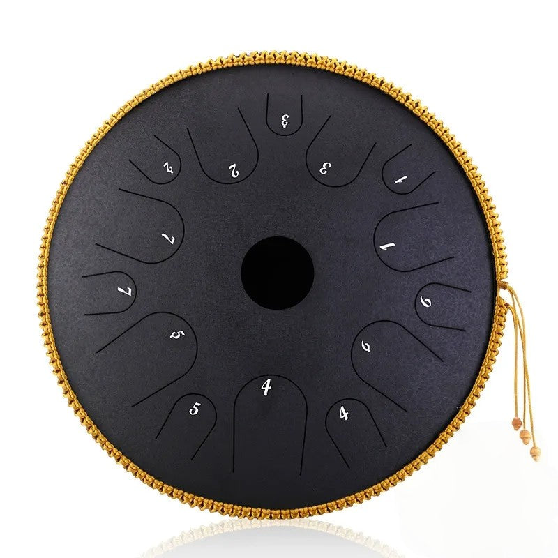 The Obsidian Swirl MoralGain Legacy 14-inch 14-note handpan, featuring a unique textured finish that makes each piece one-of-a-kind.