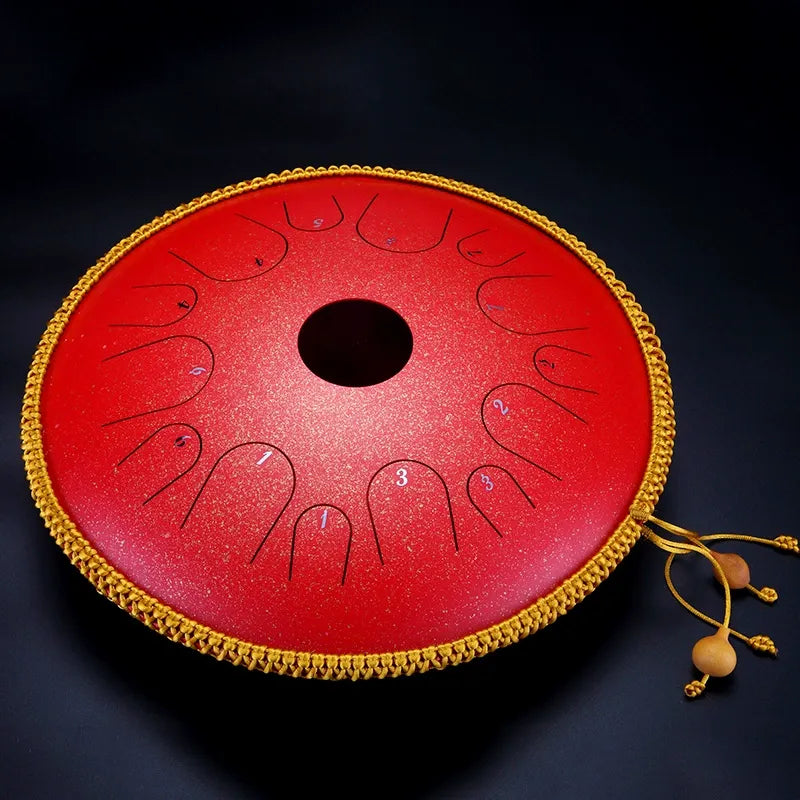 The Twilight Crimson MoralGain Legacy 14-inch 14-note handpan, its stunning hue reminiscent of a beautiful sunset.