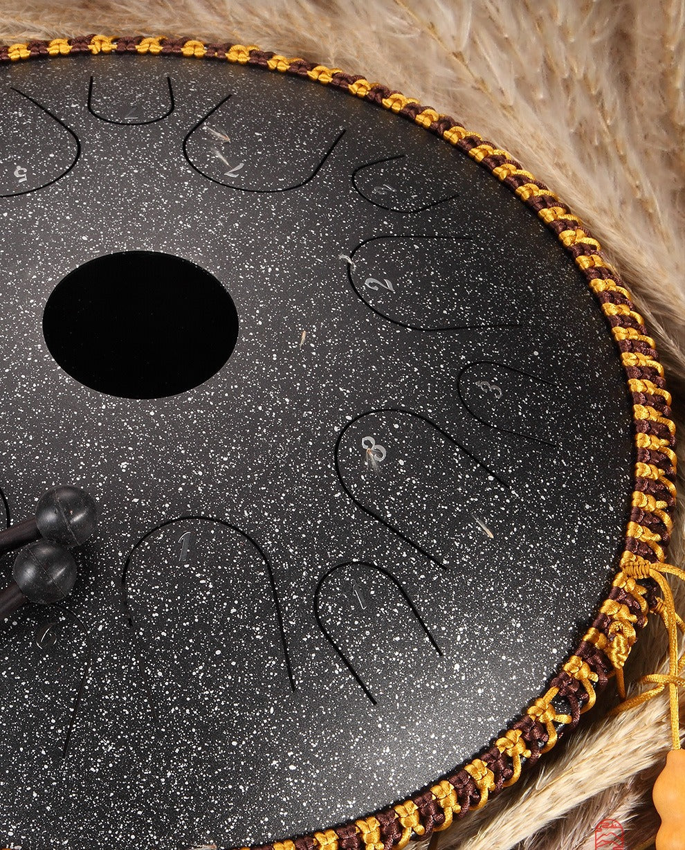A close-up view of the unique, copper-infused texture on the MoralGain Legacy handpan, showcasing the revolutionary craftsmanship and rich detailing.
