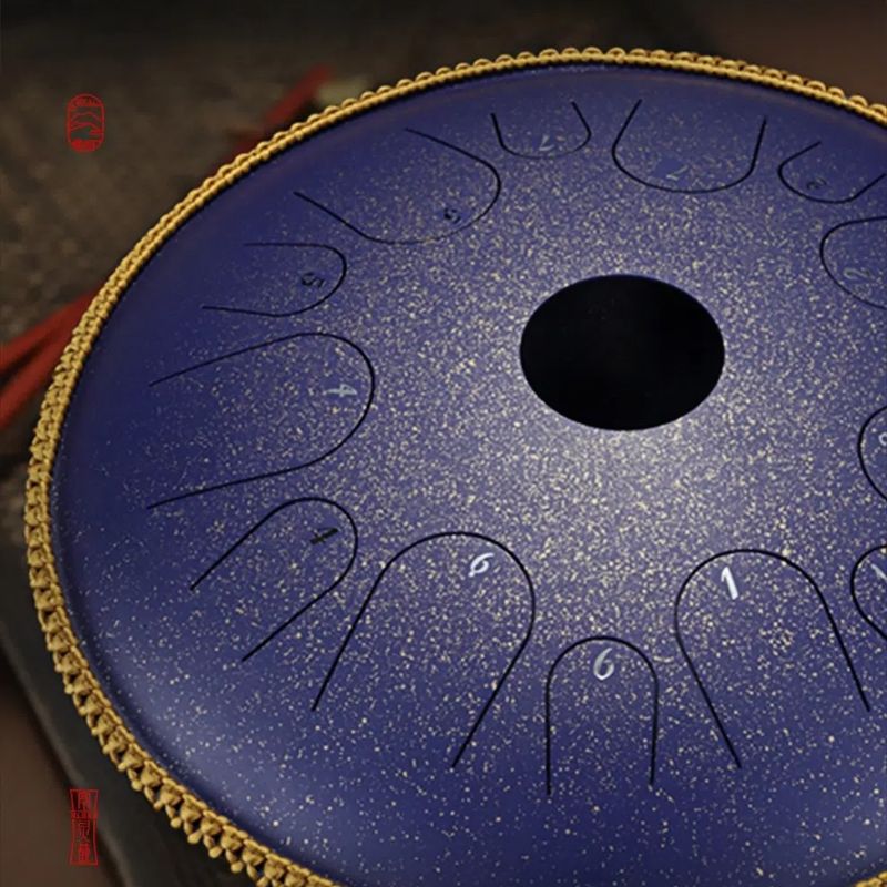 A captivating image showing the exquisite sheen of the copper-infused steel on the MoralGain Legacy handpan under light, highlighting its luxurious and unique finish.