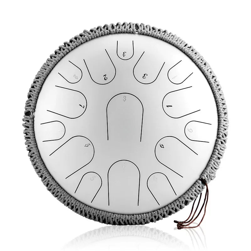A serene Moonlight White MoralGain Master 14-inch 15-note handpan. Its ethereal color perfectly complements the studio-grade, pure sound for professional musicians.