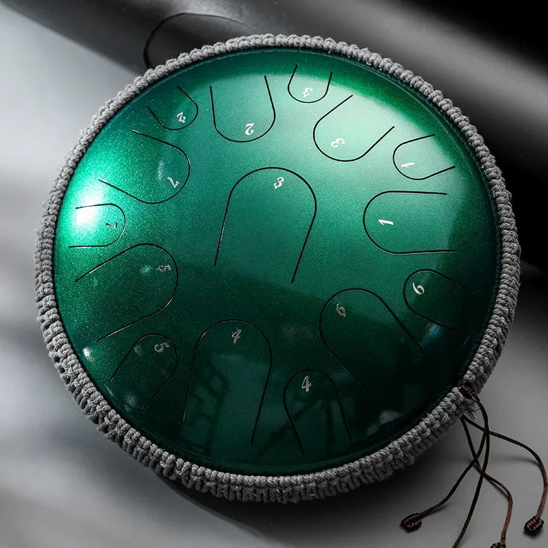 A deep Verdant Haze MoralGain Master 14-inch 15-note titanium gold steel tongue drum. A top-tier handpan for creating pure, clear, and natural-sounding melodies.