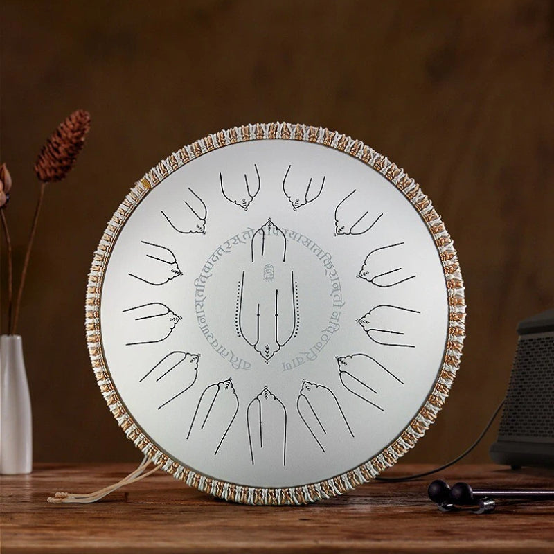 A pristine Moonlight Ivory MoralGain Master 14-inch 15-note handpan with a built-in professional pickup. Perfect for studio recording and live performance.