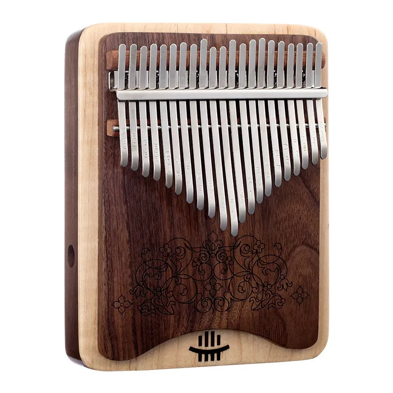 A close-up of the MoralGain® Master kalimba, highlighting the intricate grain of the beechwood and sapele combination and its bright tonal characteristics.