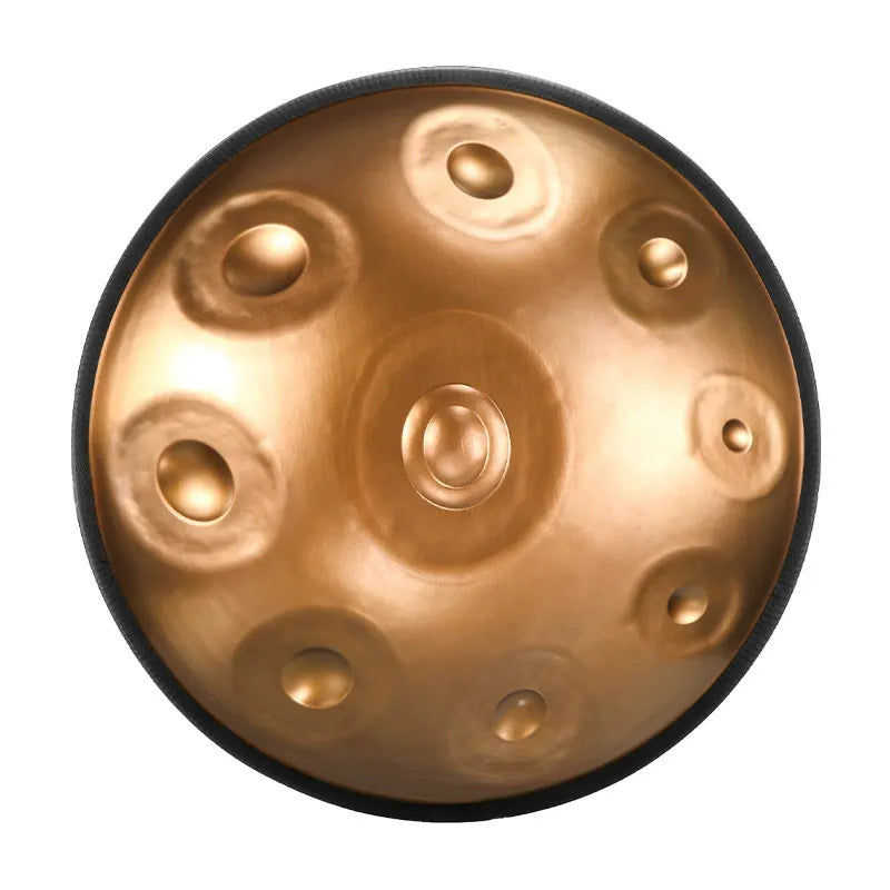 A studio photograph of a MoralGain® Master 22-inch D Minor handpan in Dazzling Gold, showing its vibrant and reflective surface.