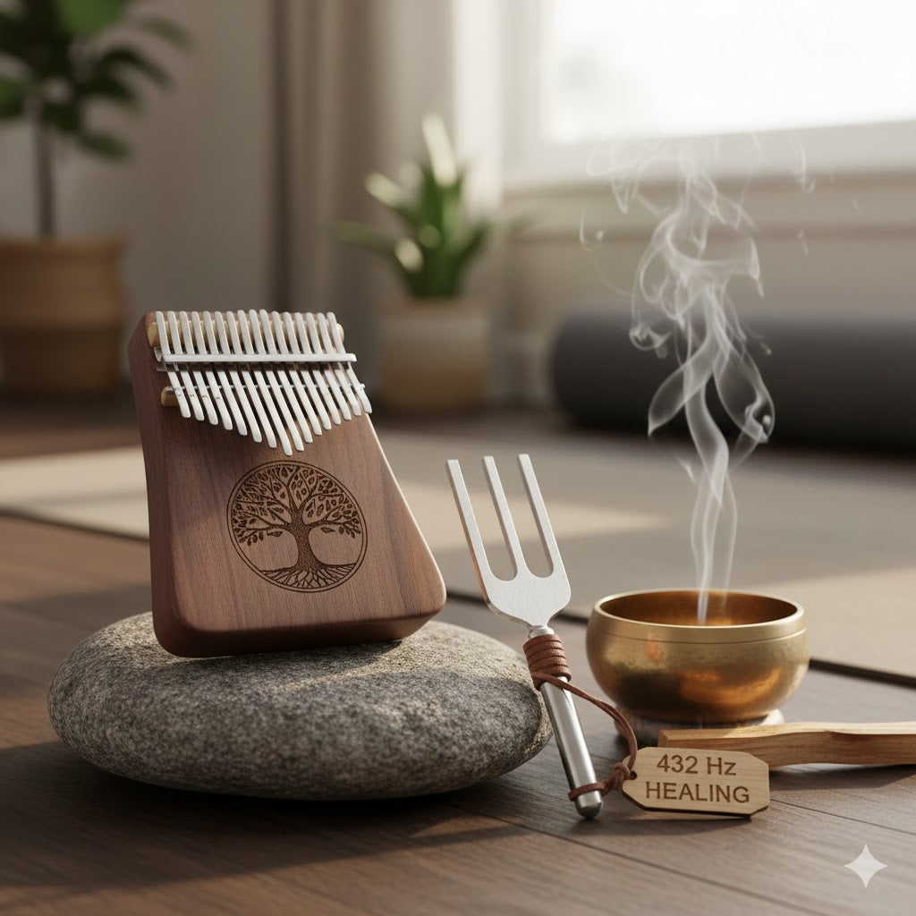 Kalimba, meditation bowl, and tuning fork set for sound healing and relaxation.