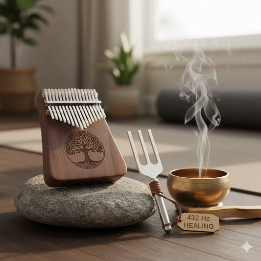 Kalimba, meditation bowl, and tuning fork set for sound healing and relaxation.