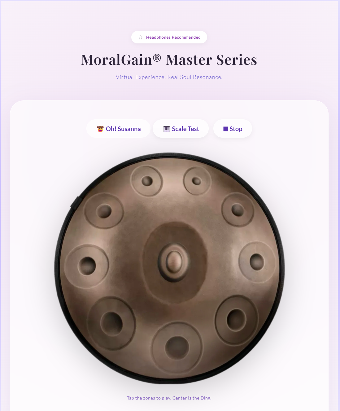 Interface of the MoralGain Virtual Handpan Simulator, featuring a playable D Minor Handpan, Steel Tongue Drum, and Kalimba for free online music experience.