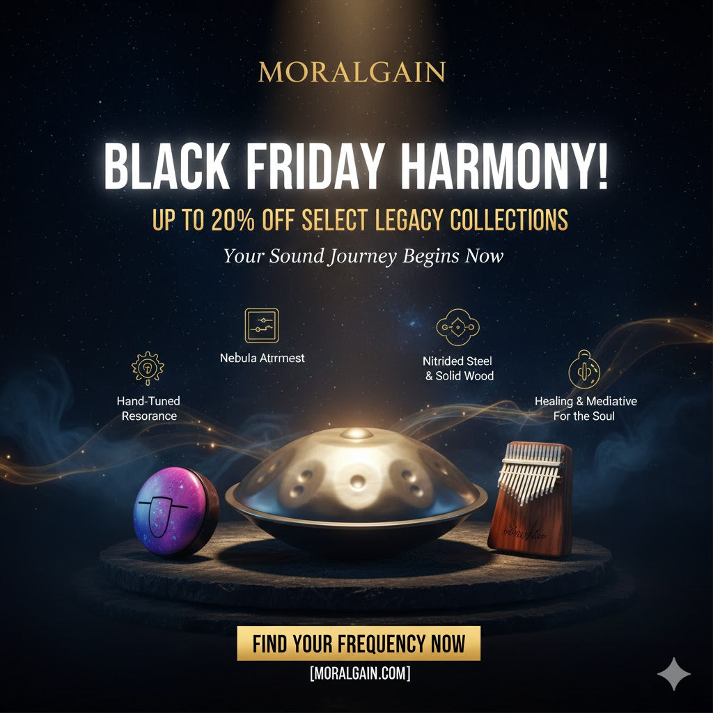MoralGain Black Friday poster . Features Handpan & Tongue Drum on cosmic background. BLACK FRIDAY HARMONY! 20% OFF. Highlights Hand-Tuned instruments. FIND YOUR FREQUENCY NOW.