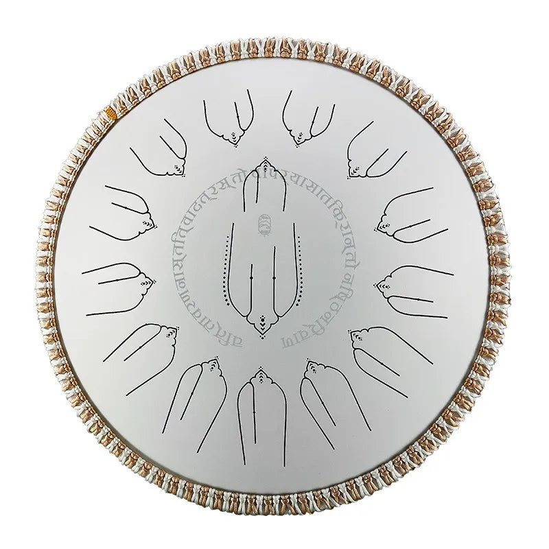 A pristine Moonlight Ivory MoralGain Master 14-inch 15-note handpan with a built-in professional pickup. Perfect for studio recording and live performance.