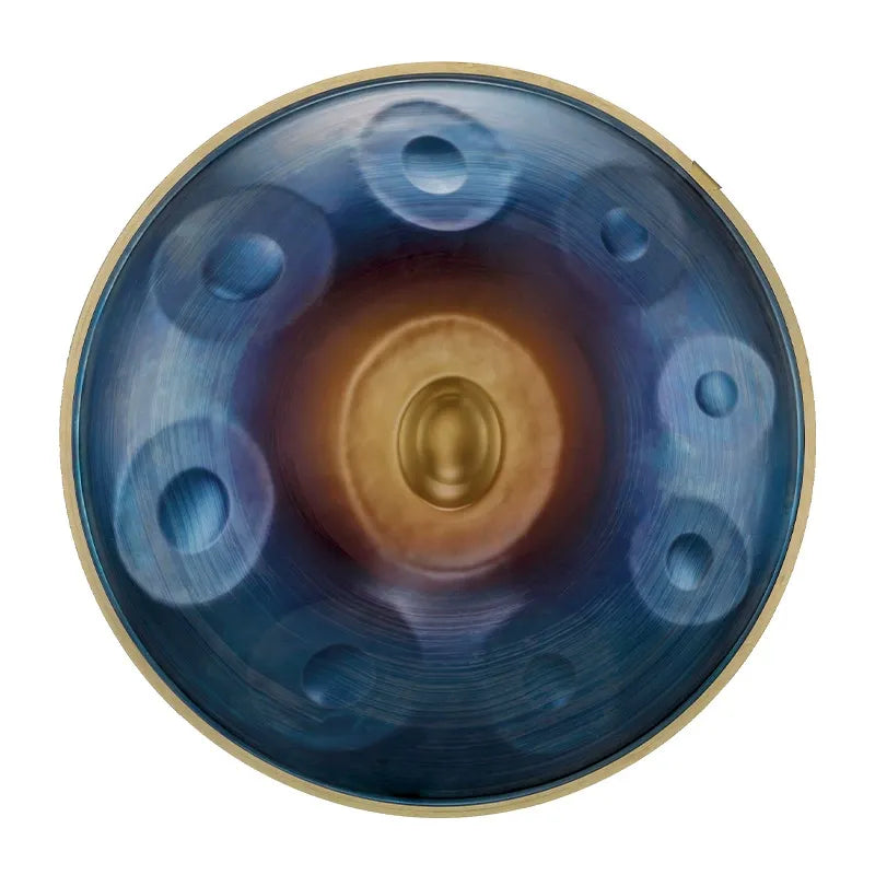 A studio photograph of a MoralGain® Legacy 22-inch nitrided handpan in Stellar Silver, highlighting its unique Milky Way-like color and professional-grade finish.