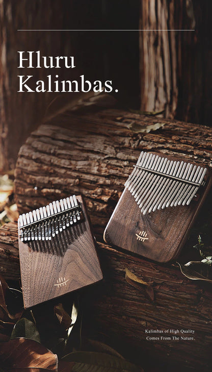 A professional walnut flat board thumb piano placed on autumn leaves, showcasing a minimalist aesthetic and healing musical tone.