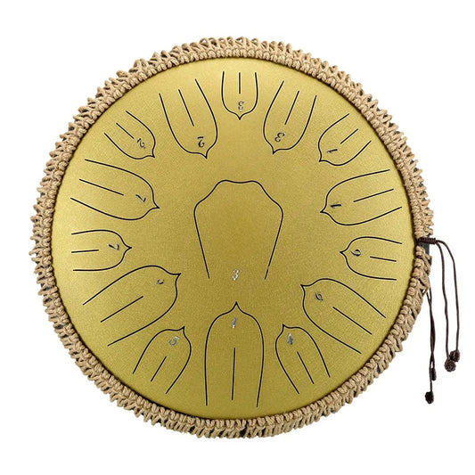 A sleek Champagne Gold MoralGain 14-inch 15-note D-Key steel tongue drum. A top-tier handpan for beginners.
