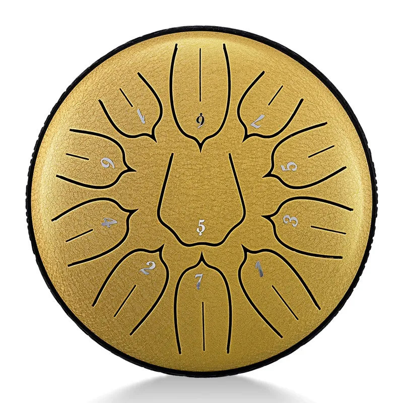 A sleek Champagne Gold MoralGain 6-inch 11-note D-Key steel tongue drum. A beautiful handpan for beginners and advanced players alike.