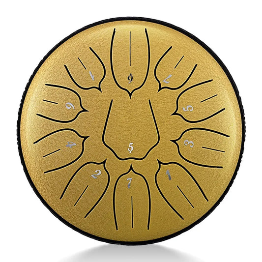 A sleek Champagne Gold MoralGain 6-inch 11-note D-Key steel tongue drum. A beautiful handpan for beginners and advanced players alike.