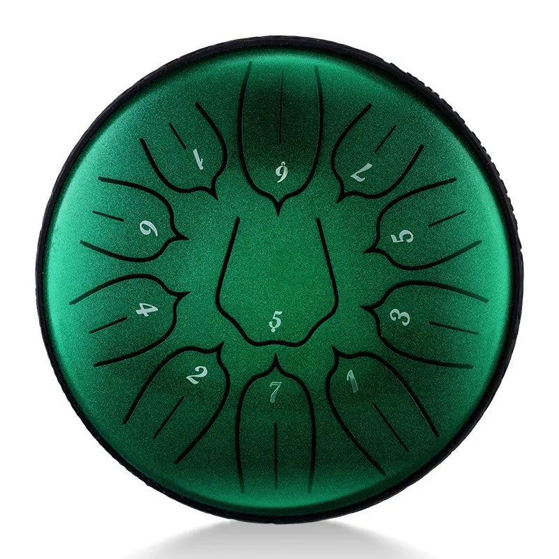 A stunning emerald green MoralGain 6-inch 11-note steel tongue drum. A therapeutic instrument for sound baths and relaxation.