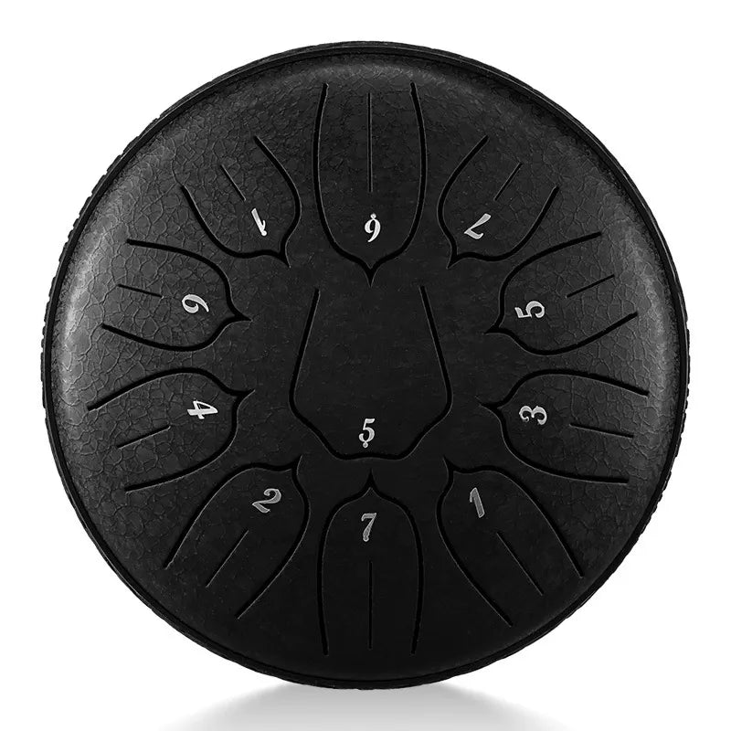 A sleek, matte black MoralGain 6-inch 11-note D-Key steel tongue drum, ideal for creating calming and meditative tones.