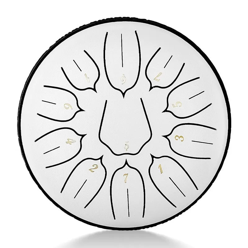 A modern plated silver MoralGain 6-inch 11-note D-Key steel tongue drum, a portable and stylish healing instrument.