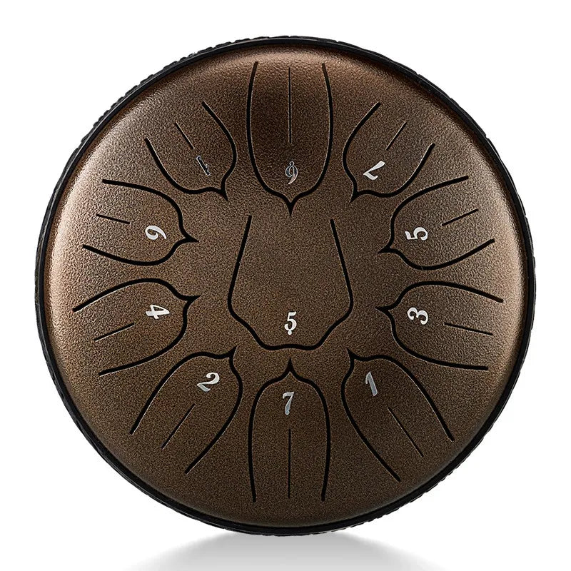 An elegant, vintage bronze MoralGain 6-inch 11-note steel tongue drum, a unique handpan instrument for home decor.