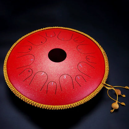 The Twilight Crimson MoralGain Legacy 14-inch 14-note handpan, its stunning hue reminiscent of a beautiful sunset.