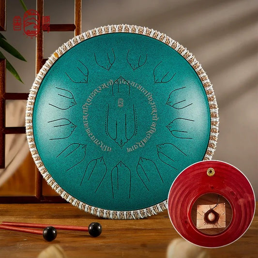 The Jadeite Whisper MoralGain Legacy 14-inch 15-note handpan, its exquisite green hue reflecting its pure, layered sound.