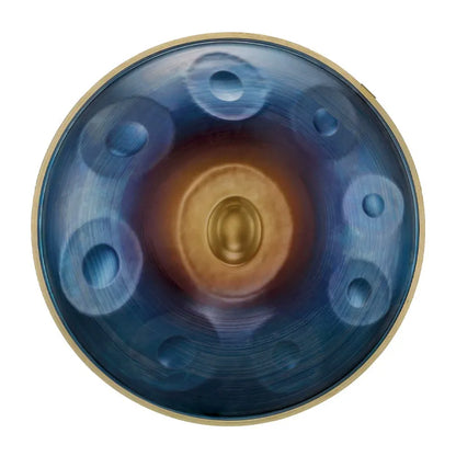 A studio photograph of a MoralGain® Legacy 22-inch nitrided handpan in Stellar Silver, highlighting its unique Milky Way-like color and professional-grade finish.