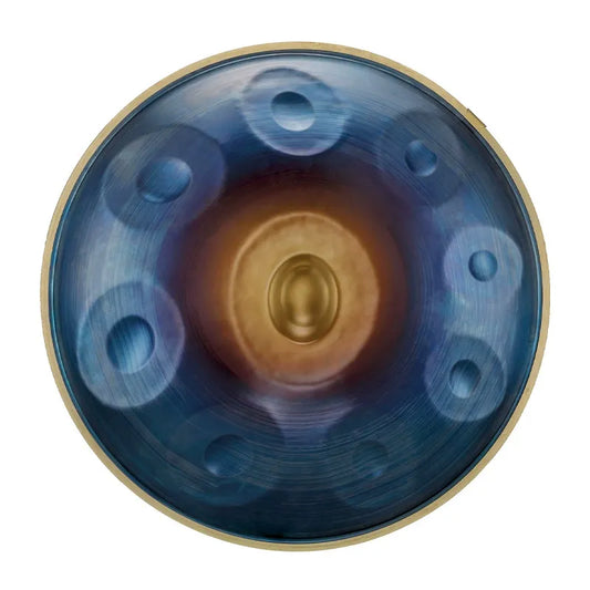 A studio photograph of a MoralGain® Legacy 22-inch nitrided handpan in Stellar Silver, highlighting its unique Milky Way-like color and professional-grade finish.