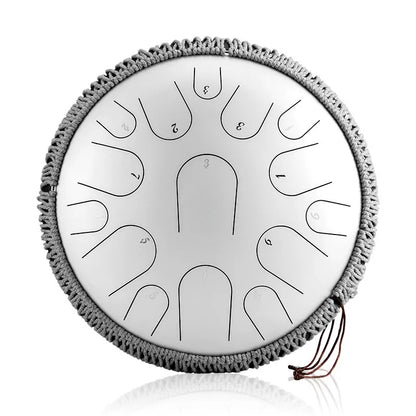 A serene Moonlight White MoralGain Master 14-inch 15-note handpan. Its ethereal color perfectly complements the studio-grade, pure sound for professional musicians.