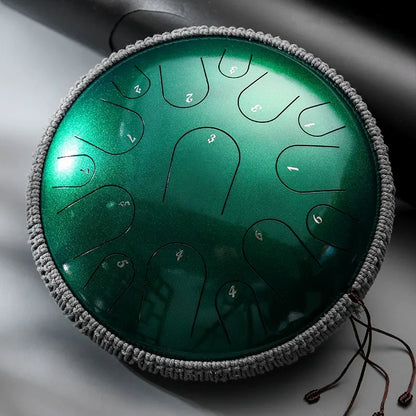 A deep Verdant Haze MoralGain Master 14-inch 15-note titanium gold steel tongue drum. A top-tier handpan for creating pure, clear, and natural-sounding melodies.