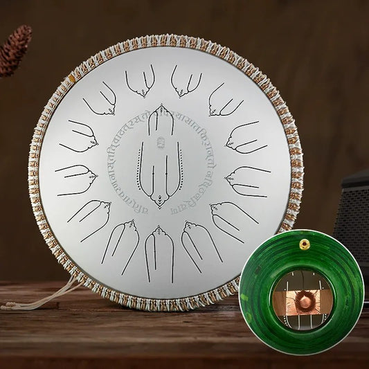A pristine Moonlight Ivory MoralGain Master 14-inch 15-note handpan with a built-in professional pickup. Perfect for studio recording and live performance.
