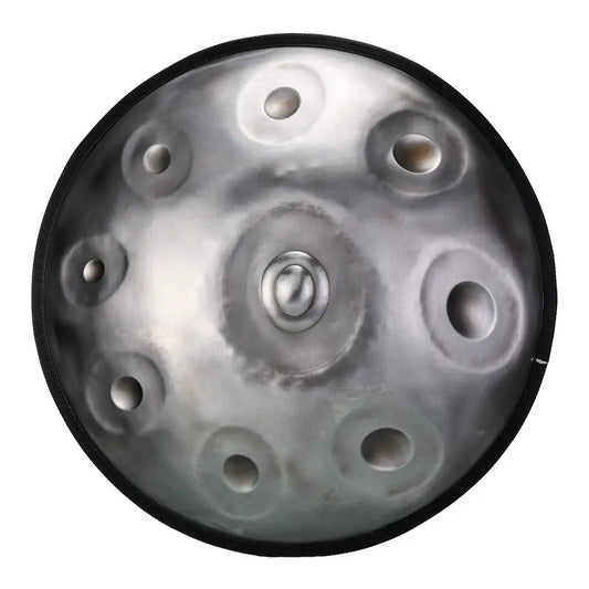 A close-up studio shot of a MoralGain® Master 22-inch D Minor handpan in Space Silver, highlighting its smooth stainless steel finish.