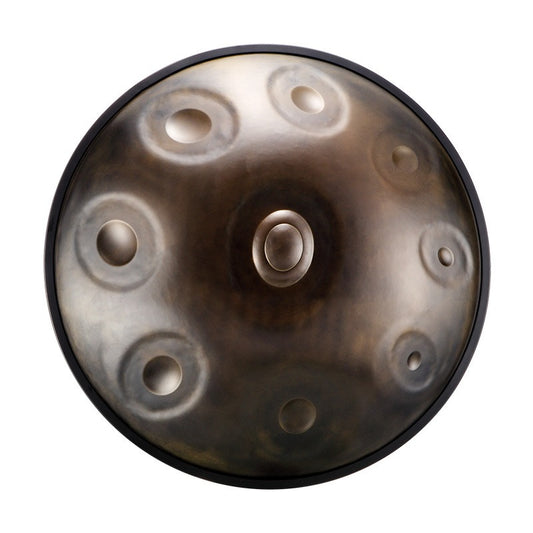 A close-up studio shot of a MoralGain® Master 22-inch D Minor handpan in Patina Bronze, showcasing its unique aged and textured finish. 