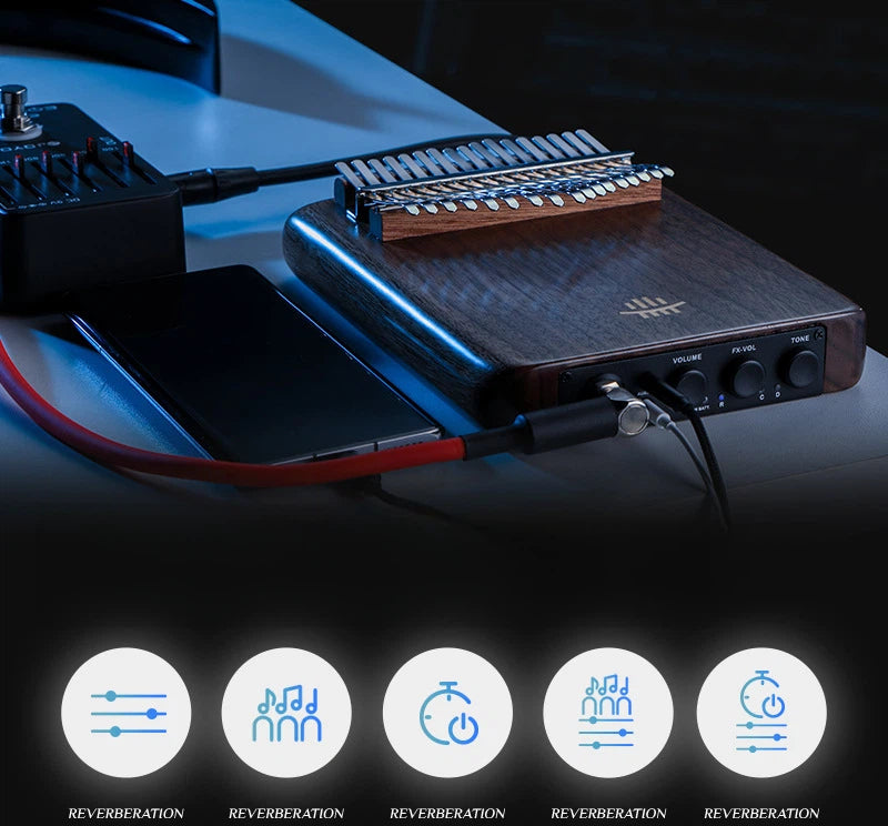 Functionality overview of a high-end electric Kalimba highlighting its integrated smart effects processor and various sound enhancement modes for versatile musical expression.