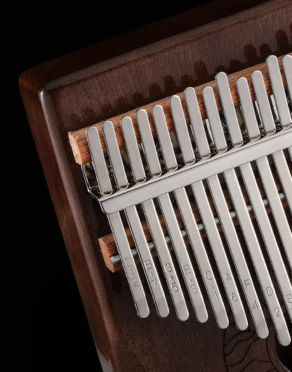 Close-up of a vintage-style thumb piano surrounded by rustic dry branches and autumn leaves, creating a calm and artistic atmosphere with soft lighting on the dark wood.