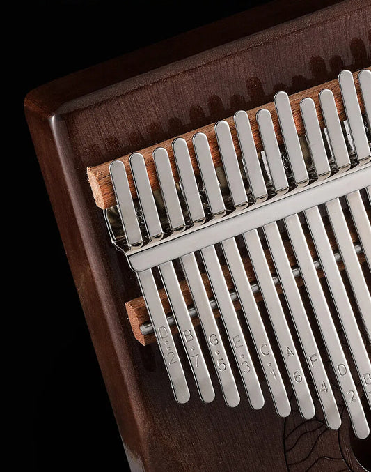 Close-up of a vintage-style thumb piano surrounded by rustic dry branches and autumn leaves, creating a calm and artistic atmosphere with soft lighting on the dark wood.